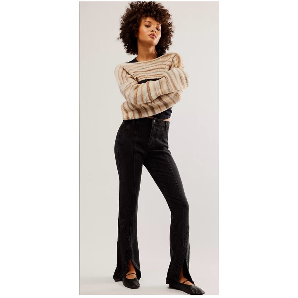 We The Free Jeans Size 25 Free People Crvy Mona High Rise Flare NWT Black Slit